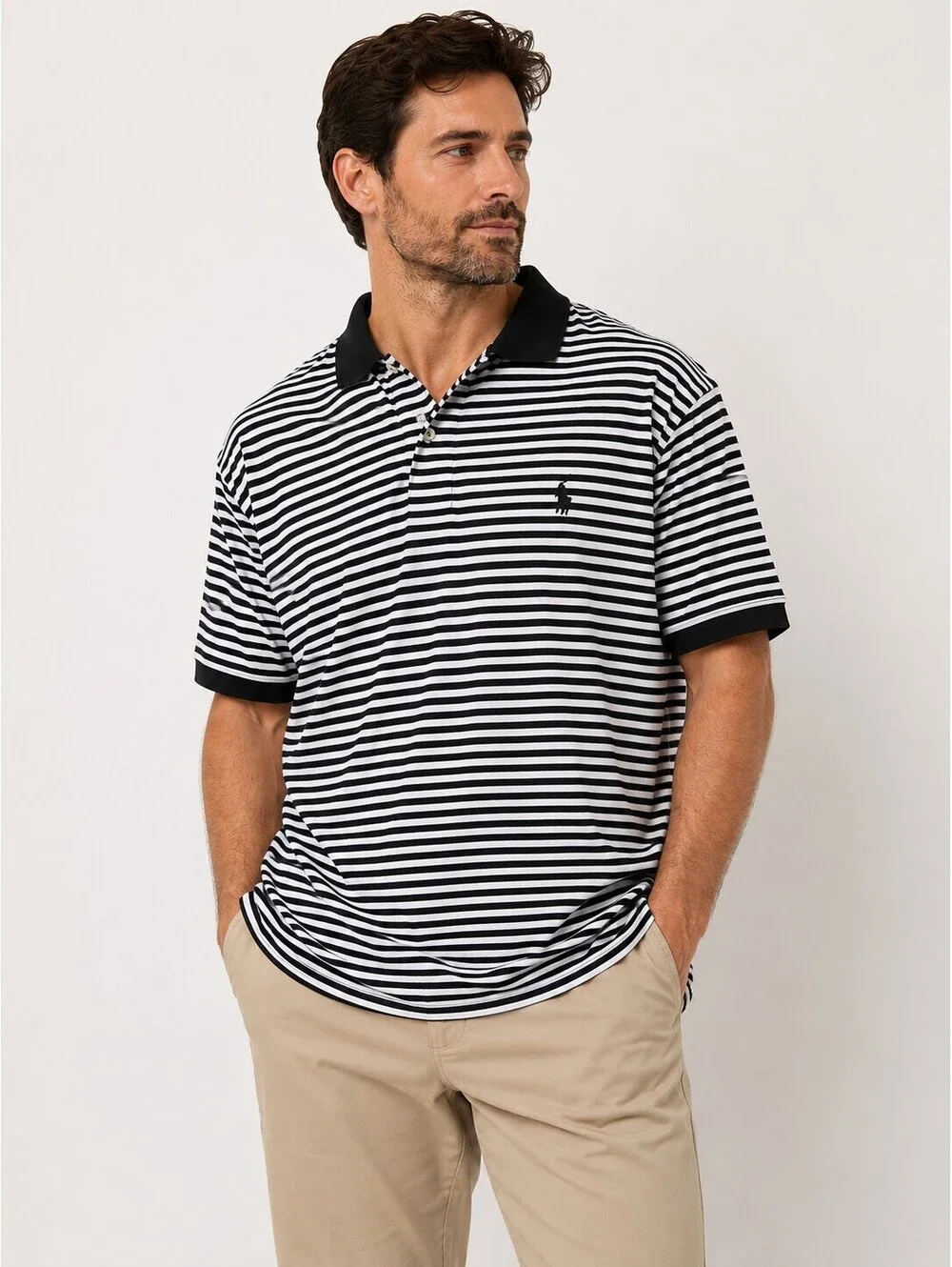 Polo Ralph Lauren 2XLT Black White Striped Polo Shirt 100% Cotton Golf Tennis